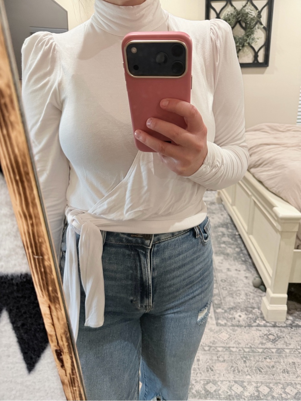 Bailey 44 White Wrap Turtleneck Long-Sleeve Top with Side Tie